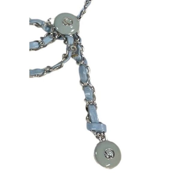 Vintage St John Enamel Baby Blue Leather & Chain Belt Triple Strand Logo Charms - Picture 1 of 5